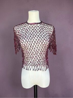 Sequin Open-Knit Cropped Top - Burgundy
